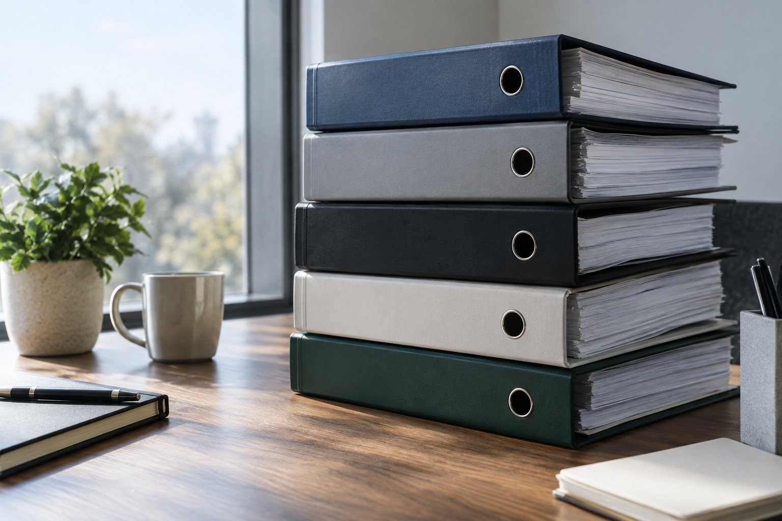 Plain ring binders stacked on a wooden desk.