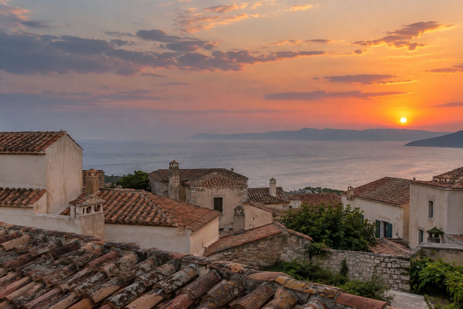 Terracotta rooftops beside water at dusk.